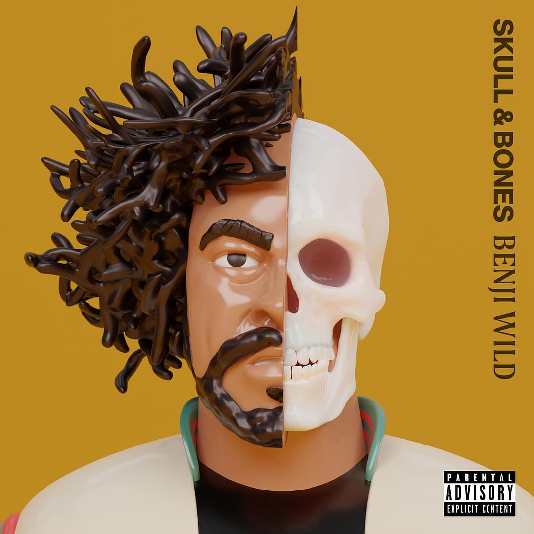 Album cover featuring a stylized figure with half the face as a man with curly hair and beard and the other half as a white skull on a mustard yellow background with text 'SKULL & BONES BENJI WILD' and a parental advisory label.