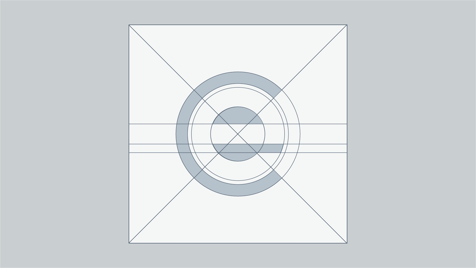 Abstract geometric design with concentric circles and intersecting diagonal and horizontal lines on a gray background.