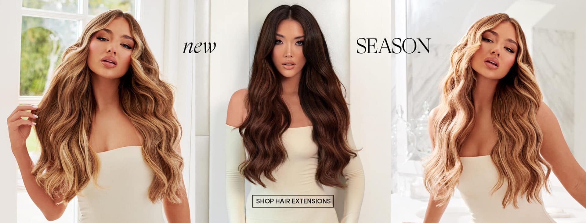 Three women with long, wavy hair wearing off-shoulder white tops promoting new season hair extensions.