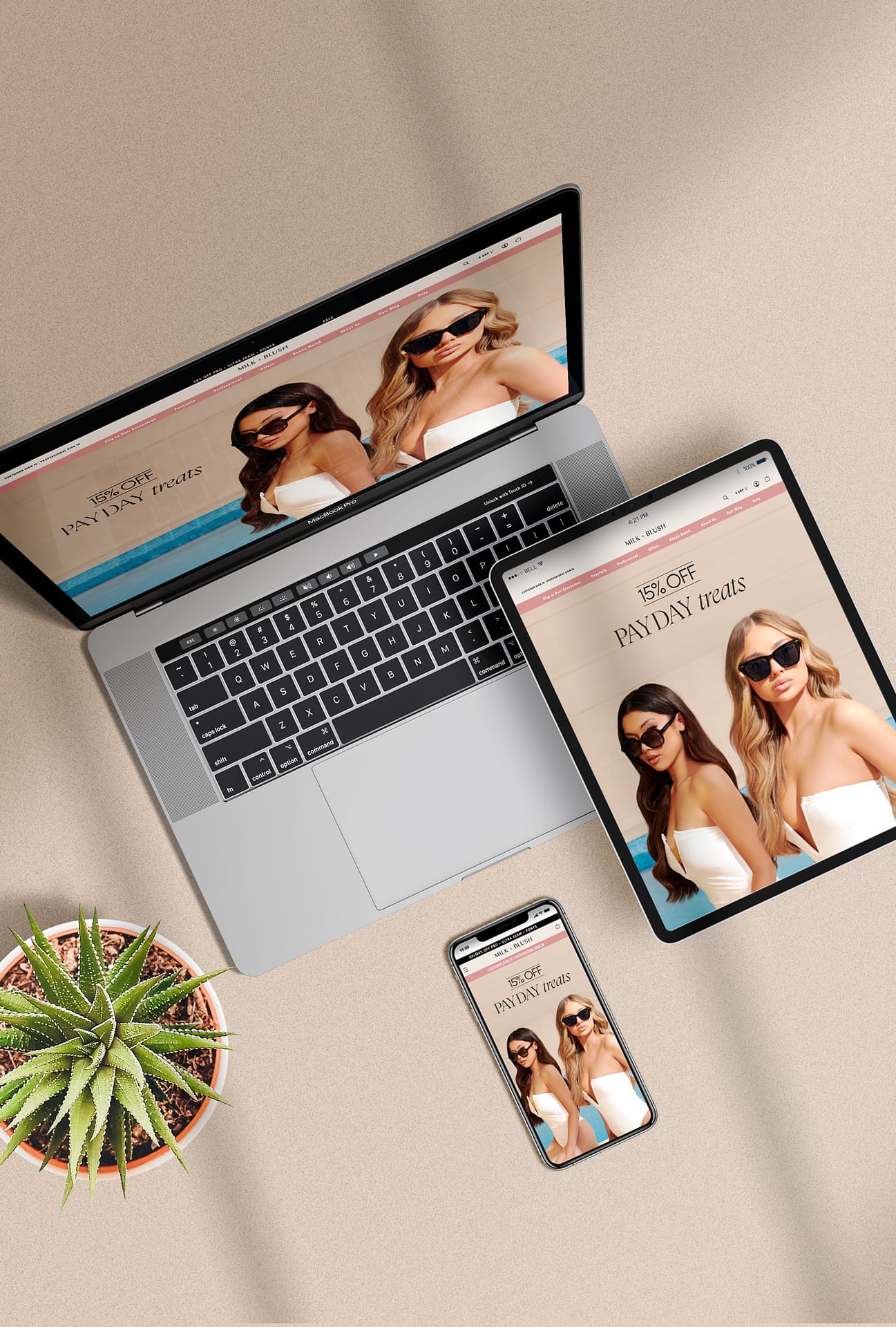 Laptop, tablet, and smartphone displaying a webpage advertising 15% off payday treats featuring two women in white tops wearing sunglasses.