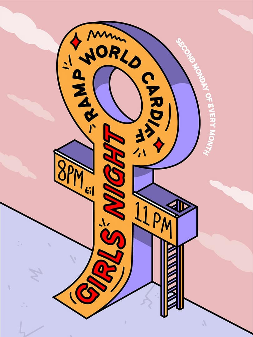 Illustration of a giant female gender symbol with text promoting Girls Night at Ramp World Cardiff from 8 PM to 11 PM on the second Monday of every month.