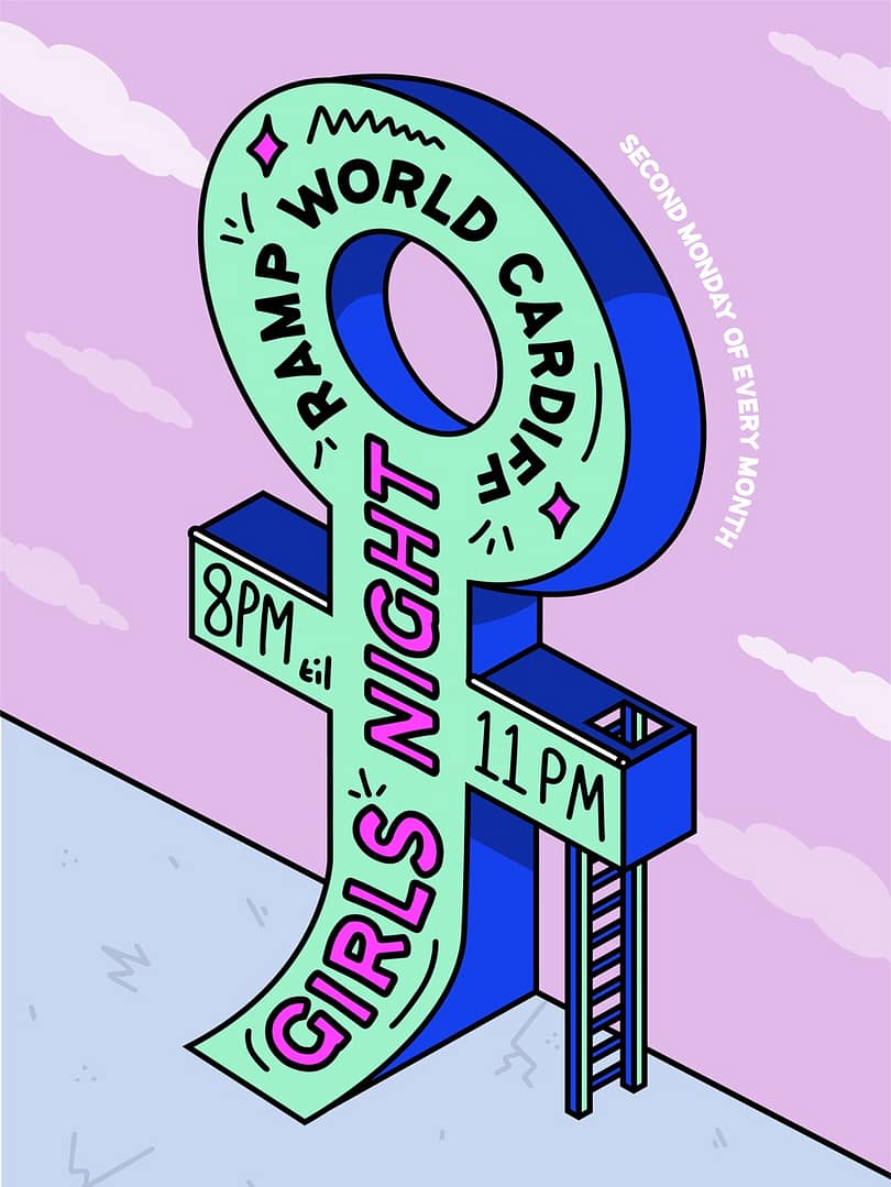 Illustration of a large teal and blue female gender symbol standing on the ground with text promoting a Girls Night event at World Cardio Ramp from 8 PM to 11 PM, occurring the second Monday of every month.