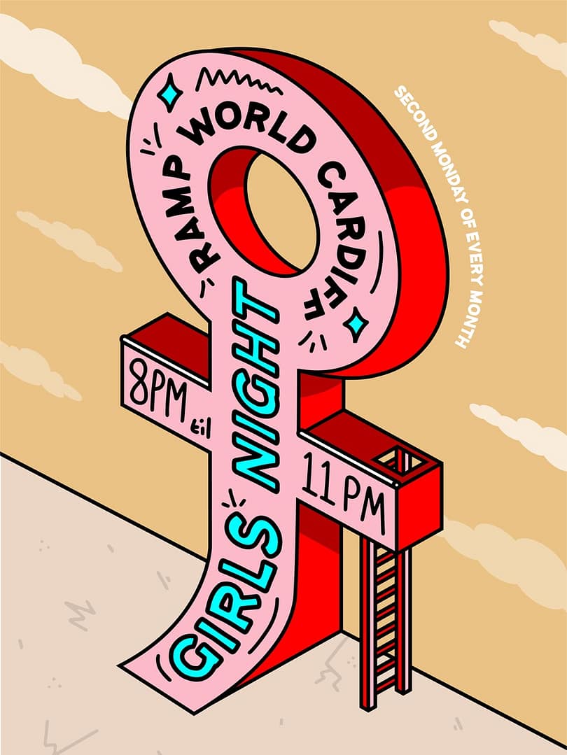 Illustration featuring a large pink female gender symbol with text promoting Girls Night from 8 PM to 11 PM on the second Monday of every month by Ramp World Cardio.