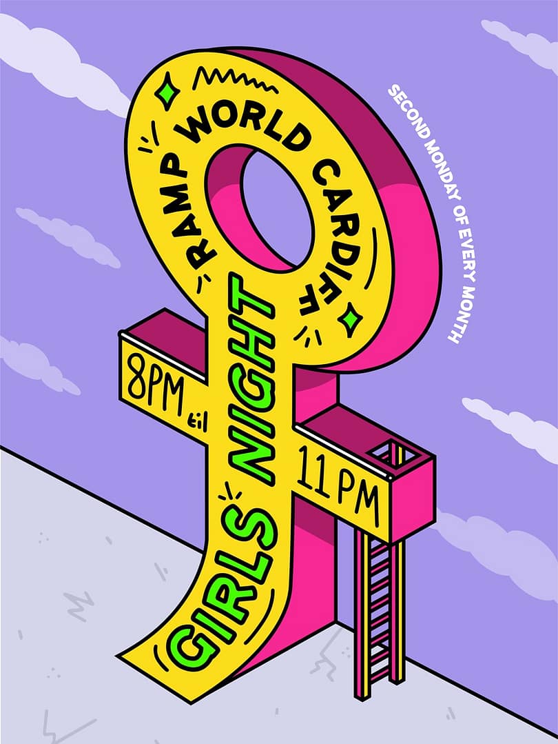 Illustration of a pink and yellow ribbon shaped like a woman’s symbol with text promoting Girls Night Ramp World Cardio from 8PM to 11PM on the second Monday of every month.
