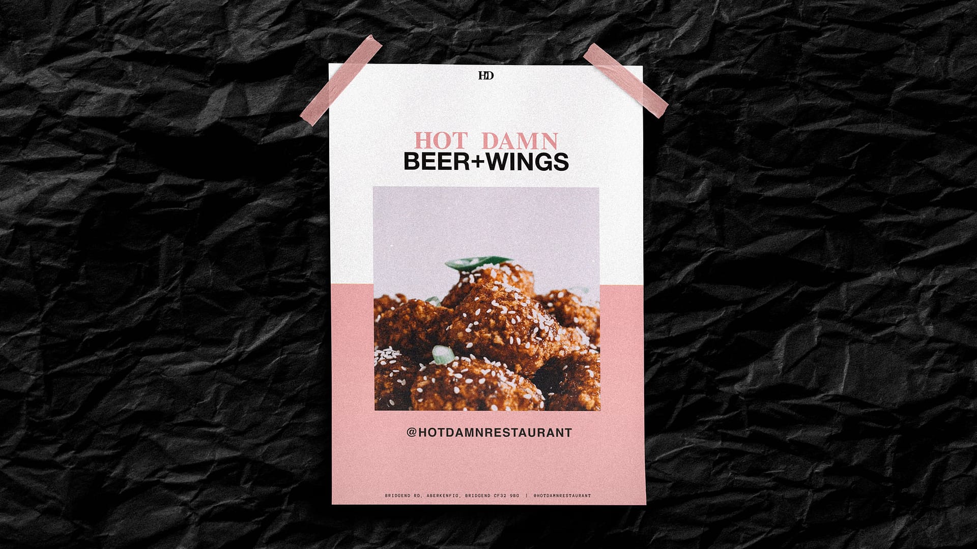 Restaurant flyer featuring close-up of sesame chicken wings with the text 'HOT DAMN BEER+WINGS' and the Instagram handle @hotdamnrestaurant.