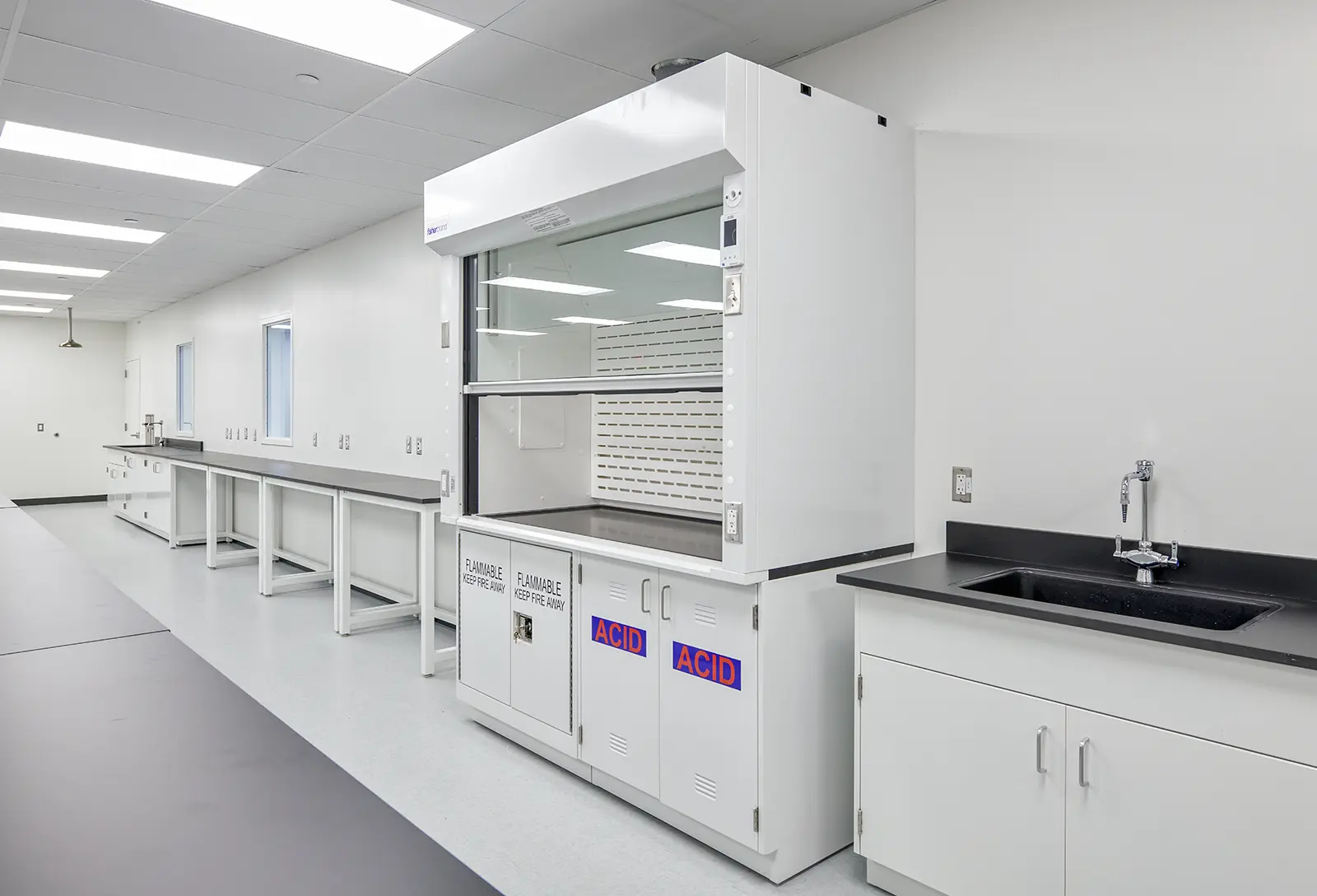 State-of-the-art cleanroom environment designed to support gene therapy processes. high-efficiency fume hood equipped with flammable and acid storage cabinets, indicating careful consideration of chemical handling and safety. The clean, seamless flooring and integrated coved base support contamination control, while ample counter space and stainless steel-framed workstations provide functional, easy-to-clean surfaces. Deep sink with gooseneck faucet enhances utility for washing and rinsing procedures. The brightly lit space, with minimal visual clutter and smooth wall finishes, reflects strict adherence to GMP and ISO cleanroom standards, essential for sterile manufacturing in advanced biotherapeutic applications.