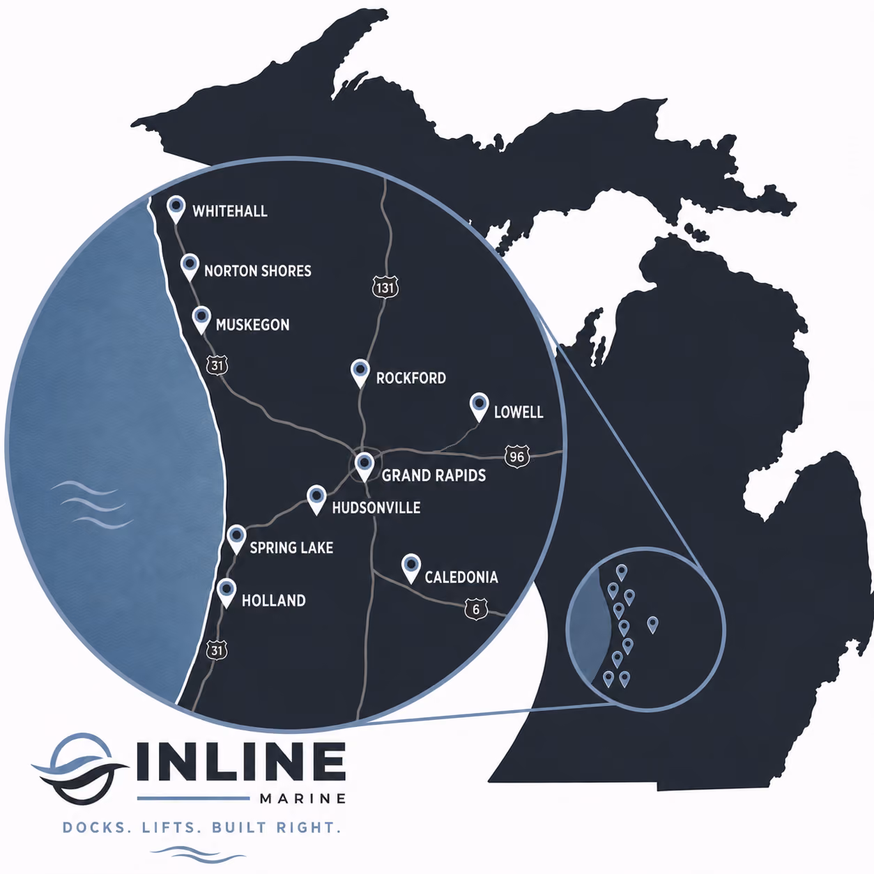 Map of West Michigan showing Inline Marine service areas, including Grand Rapids, Holland, Muskegon, and Grand Haven