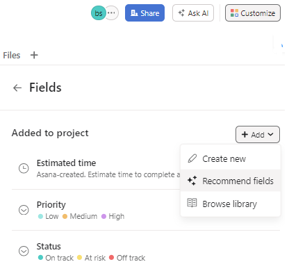 Asana Recommended Fields