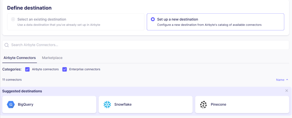 Airbyte Set Up Destination Page