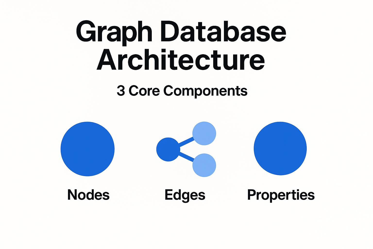 Graph Database Architecture: Overview of three core components—Nodes, Edges, and Properties—illustrated with simple icons.