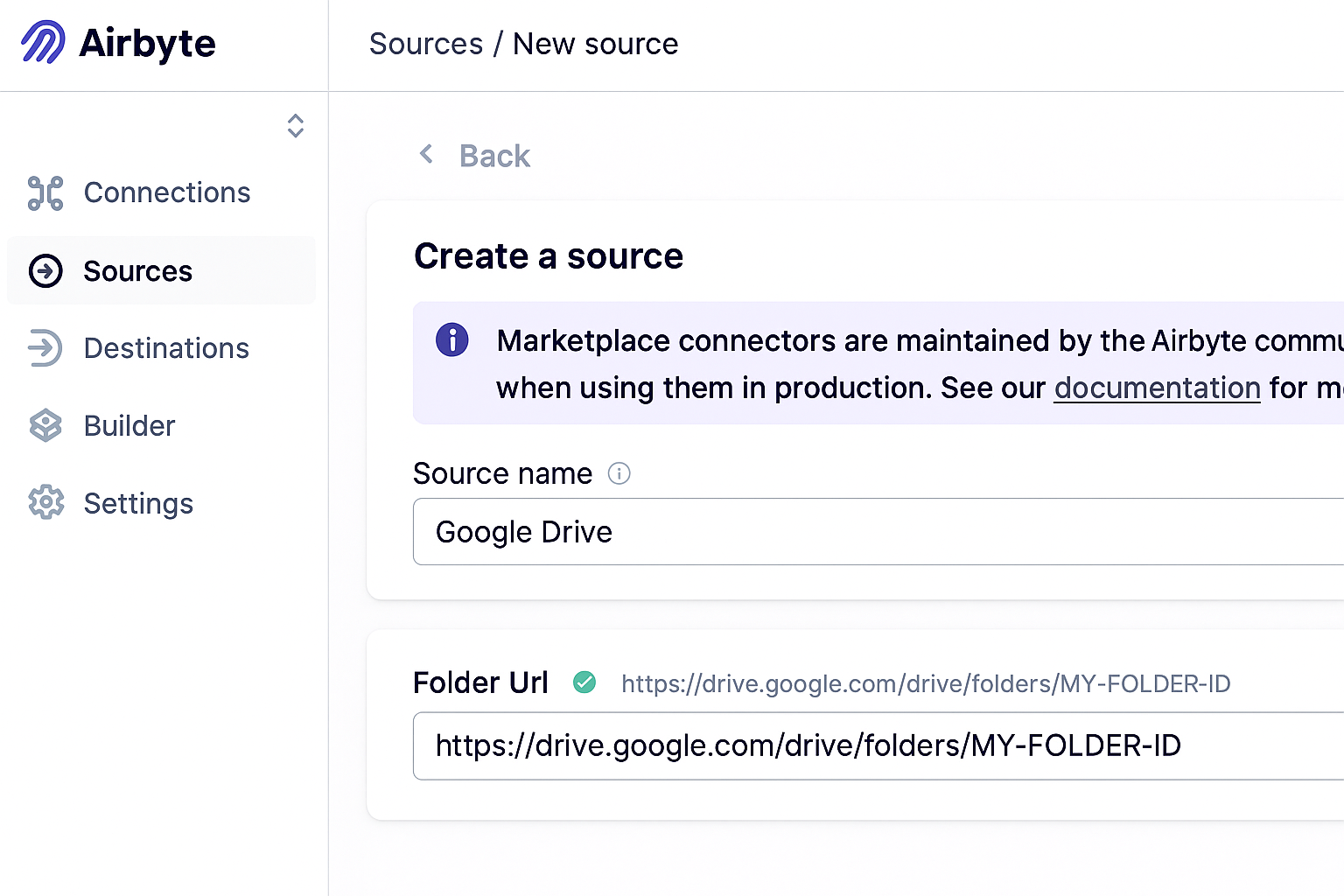 Airbyte dashboard showing Google Drive source connector configuration screen with authentication settings