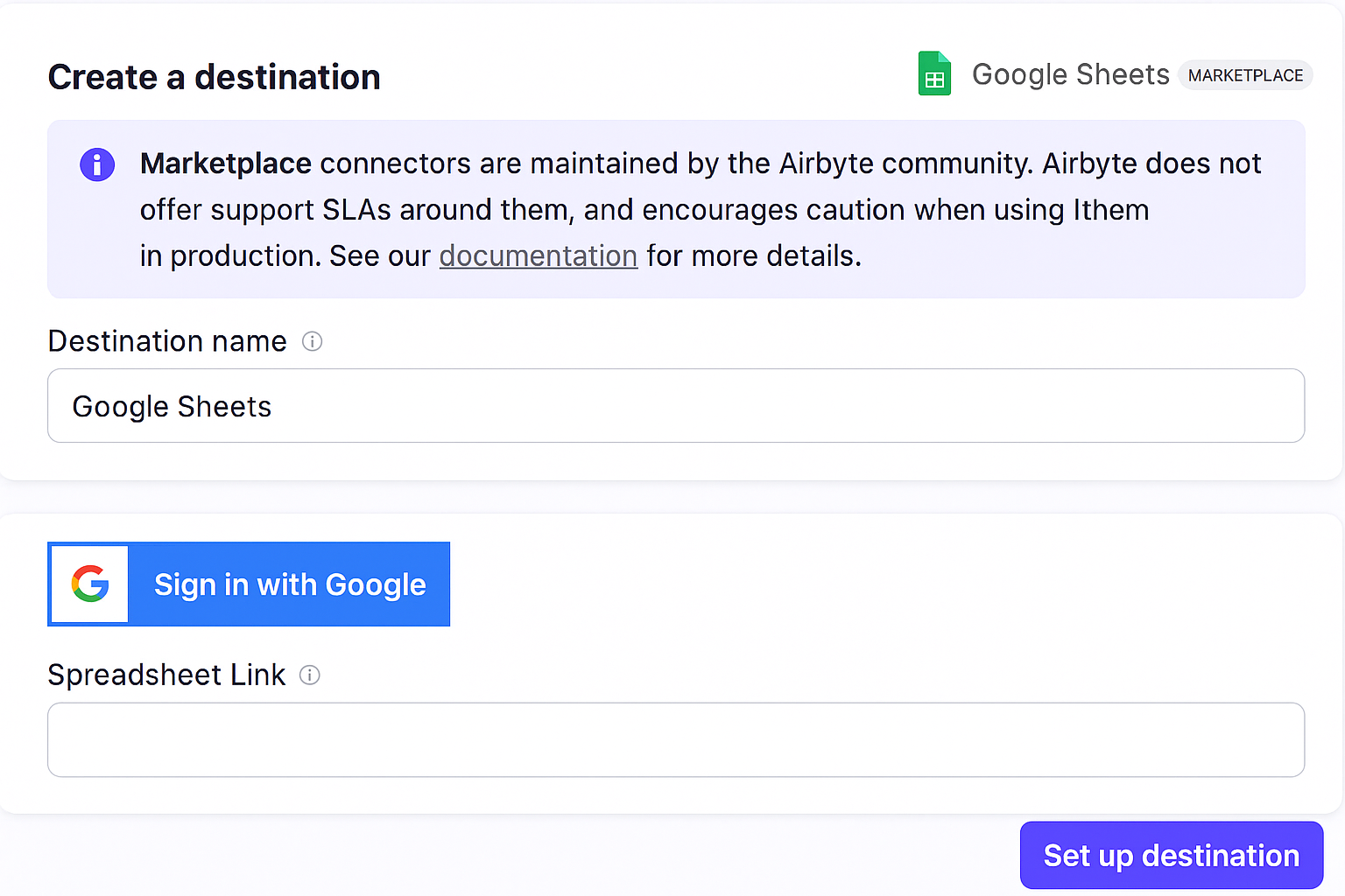 Airbyte configuration screen for Google Sheets destination with spreadsheet mapping and replication settings