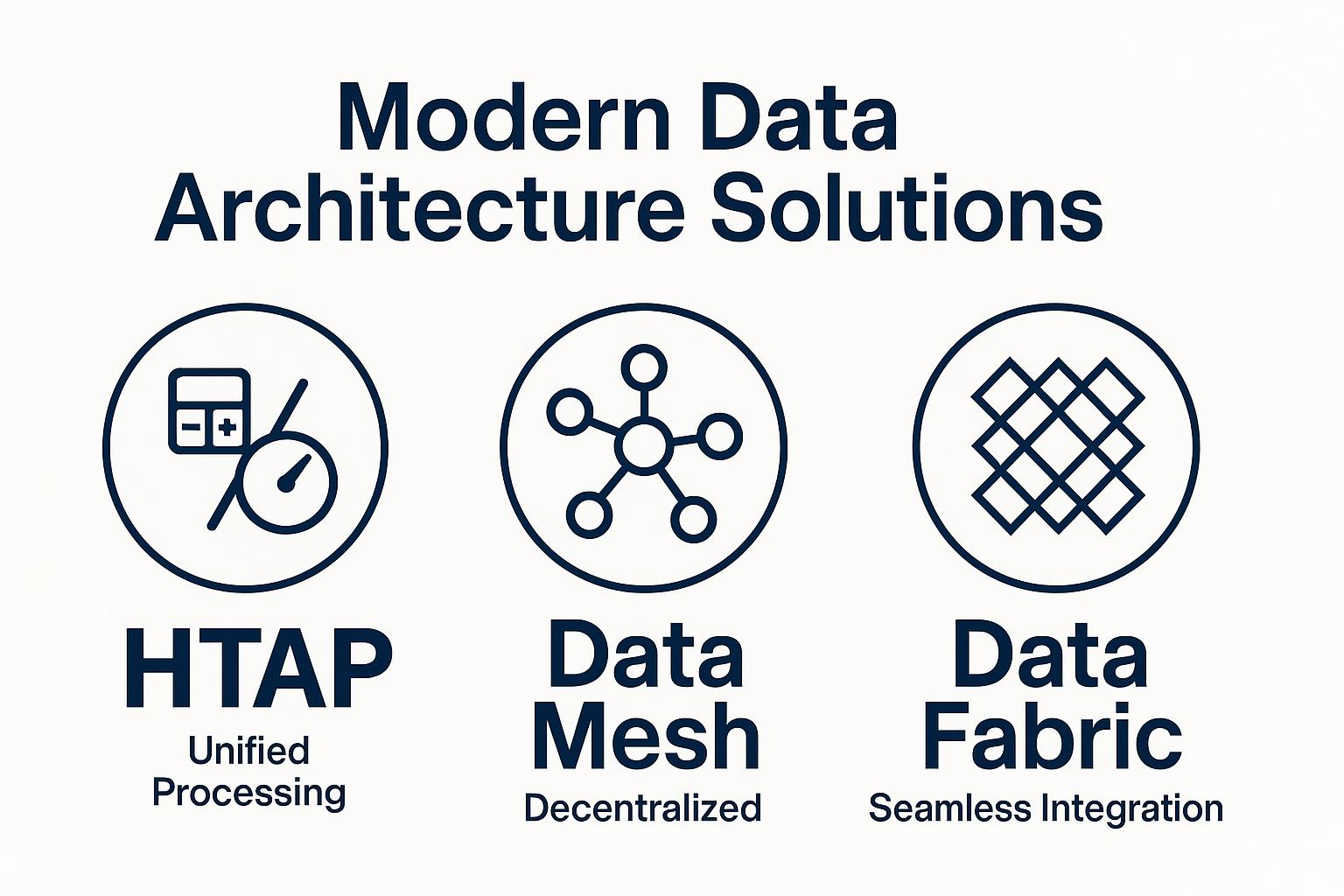 Modern data architecture solutions including HTAP (unified processing), Data Mesh (decentralized), and Data Fabric (seamless integration), illustrated with related icons.