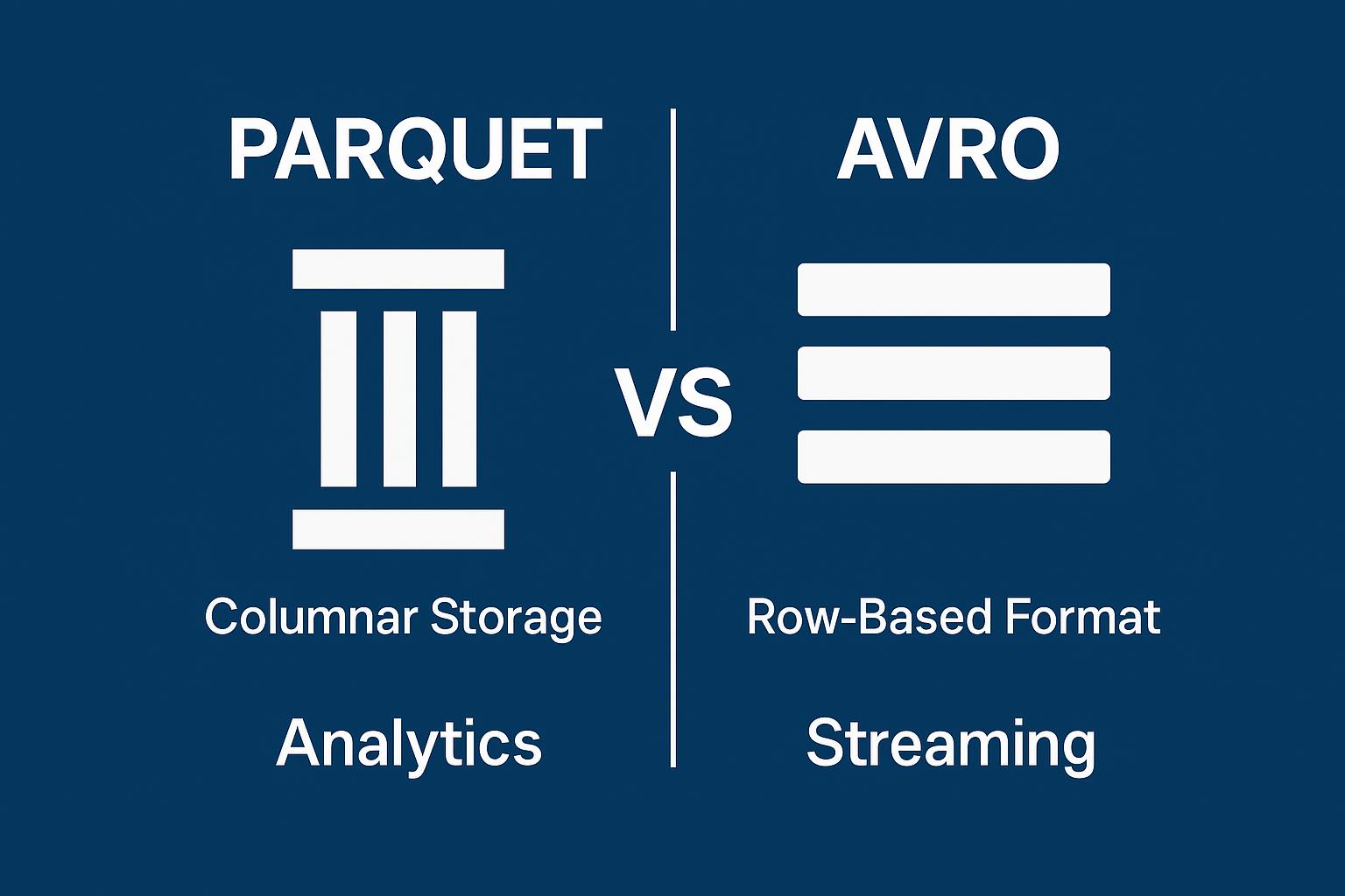 Image 1: Comparison of data formats: Parquet for columnar storage and analytics versus Avro for row-based format and streaming.