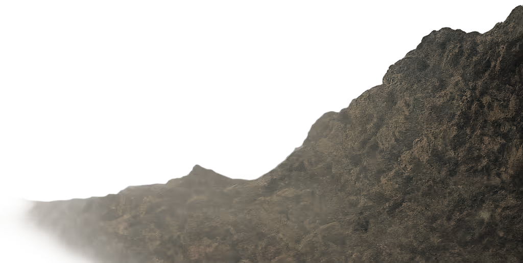 Rocky mountain slope partially covered with mist against a white background.