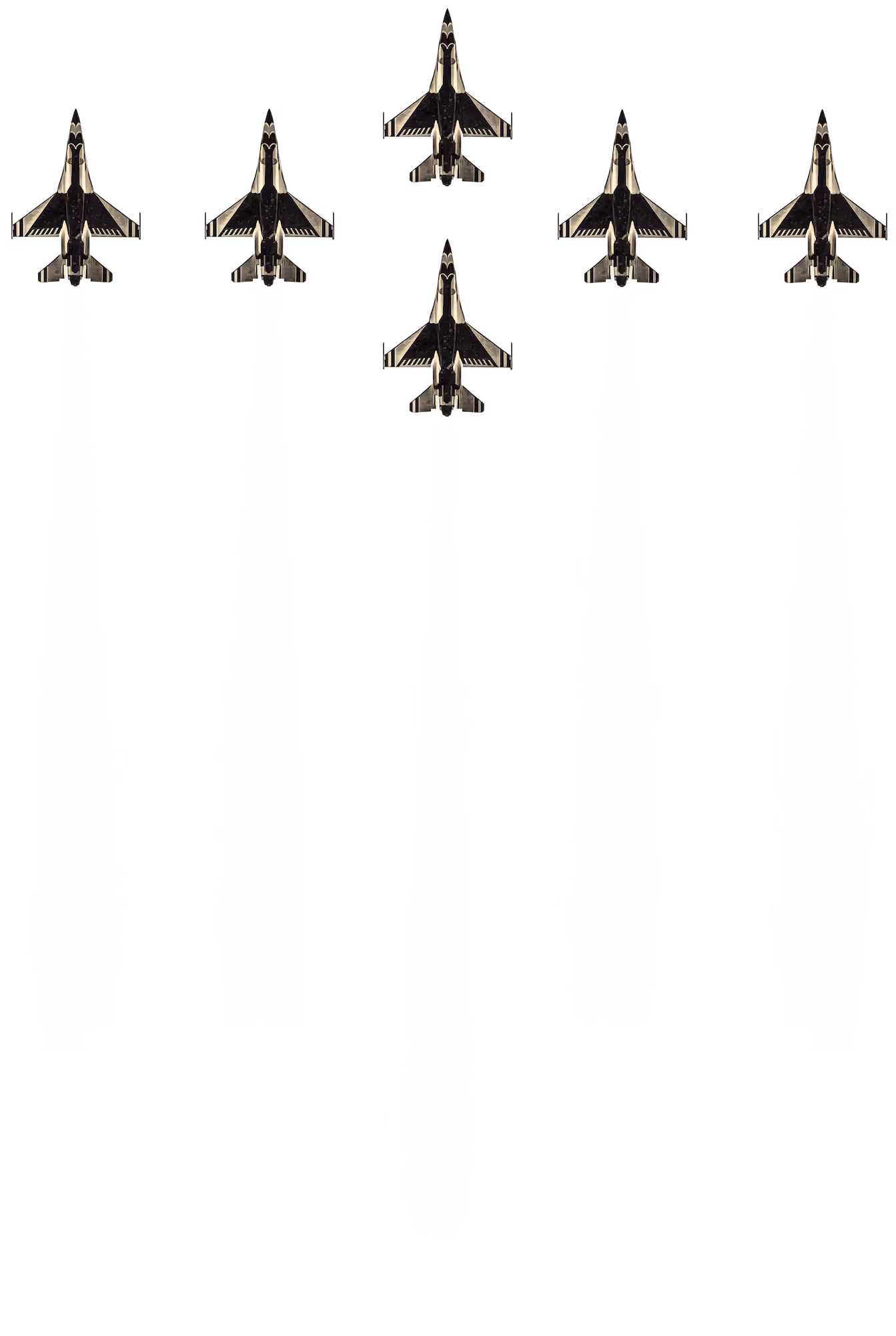 Five military fighter jets flying in a V formation, viewed from above against a white background.