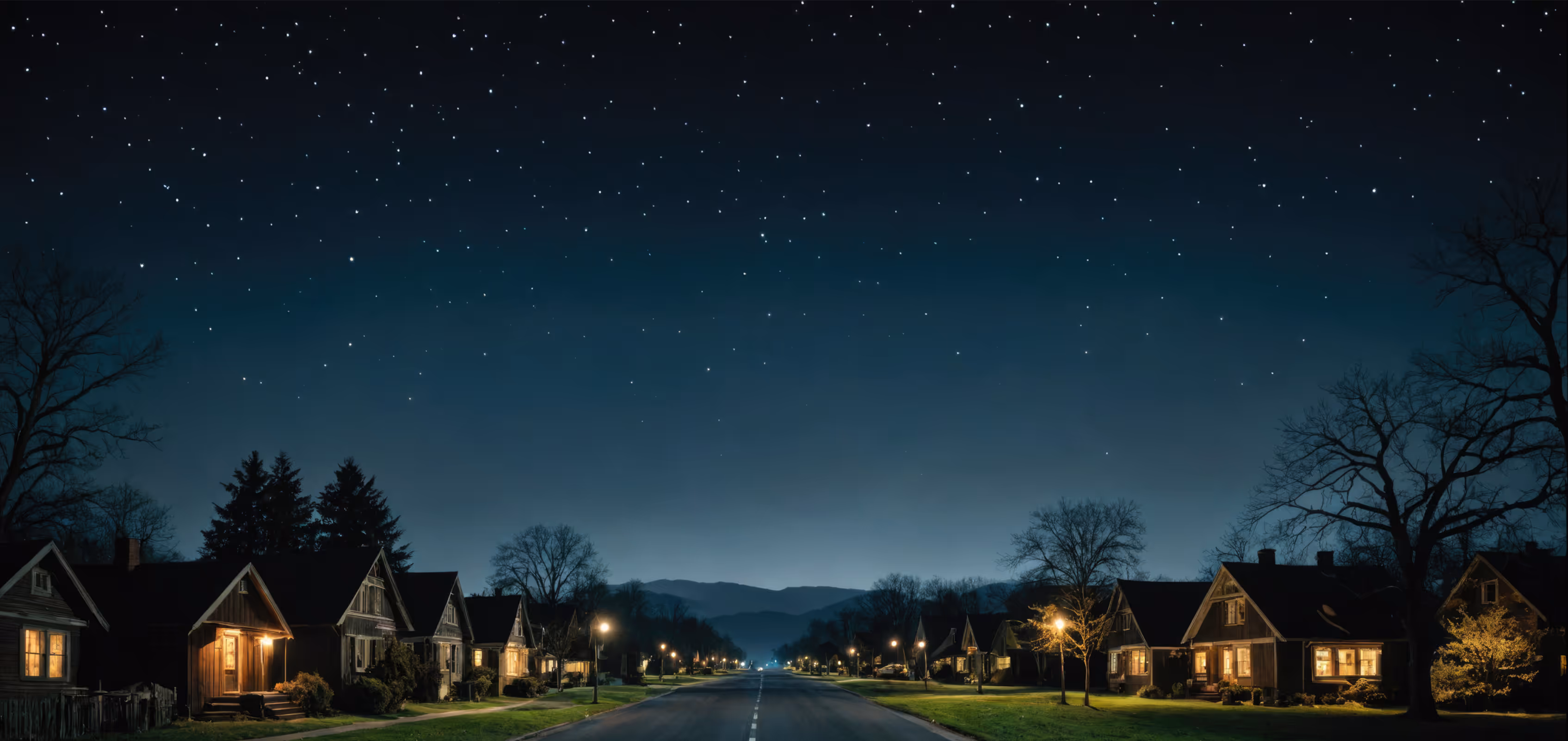 a street with houses and lights at night