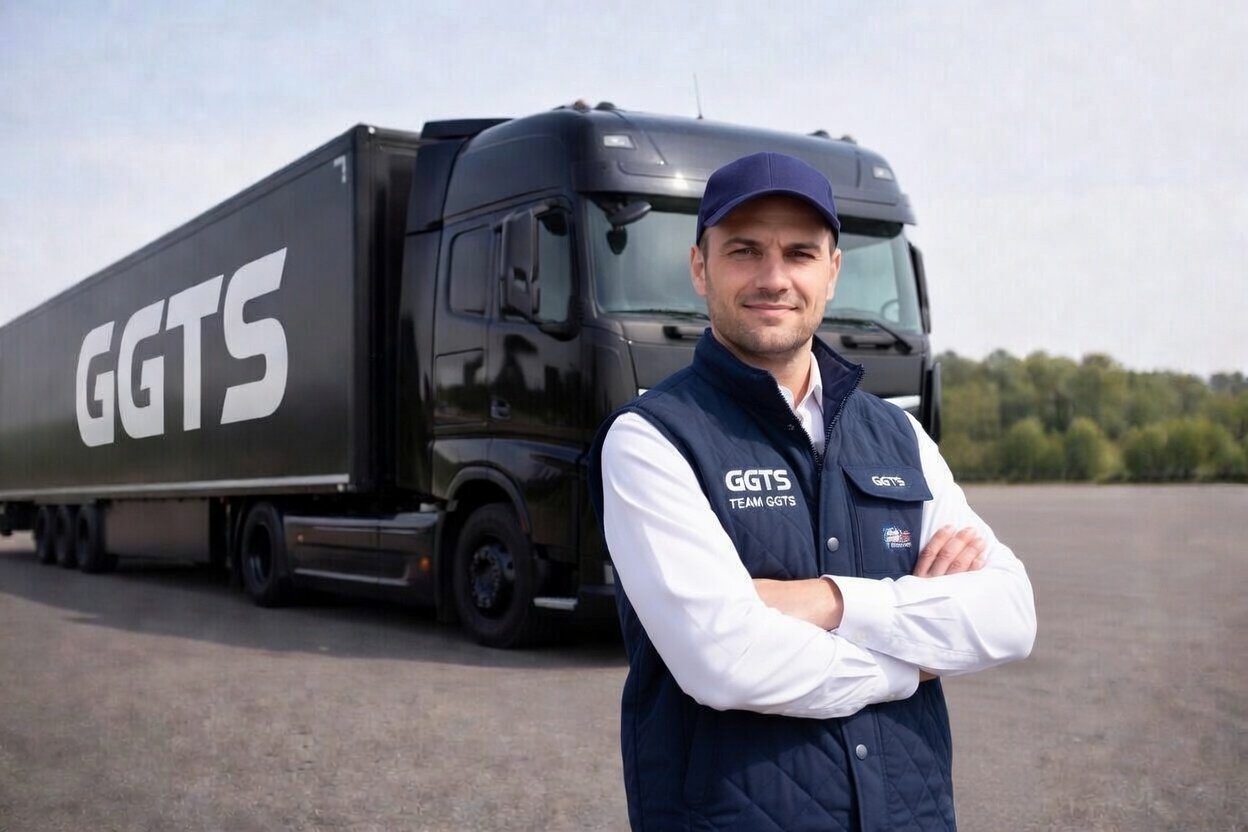 Conducteur de camion debout bras croisés devant un semi-remorque noir marqué GGTS, avec une veste et casquette GGTS.