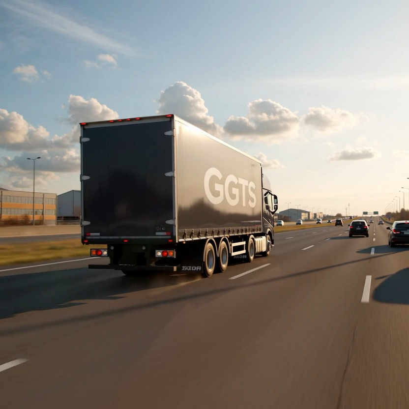 Camion noir avec l'inscription GGTS circulant sur une autoroute sous un ciel partiellement nuageux.