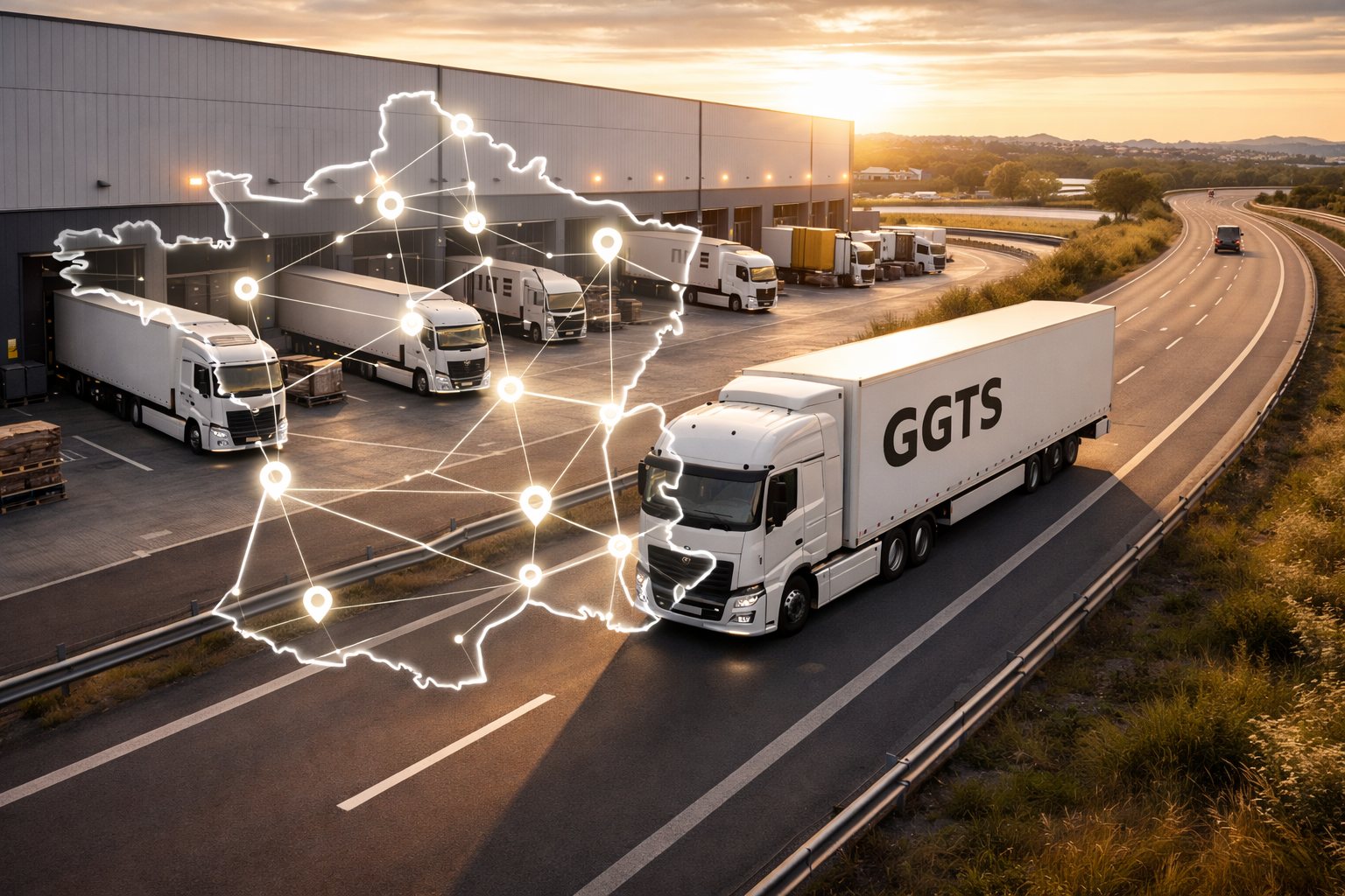 Camion blanc marqué GGTS sur une autoroute près d'un entrepôt avec plusieurs camions stationnés, illustration d'une carte connectée de la France en surimpression.