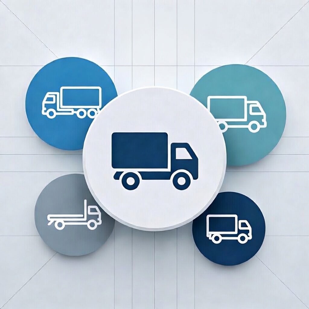 Icônes de camions stylisés sur cinq cercles colorés avec un camion bleu foncé sur fond blanc au centre.