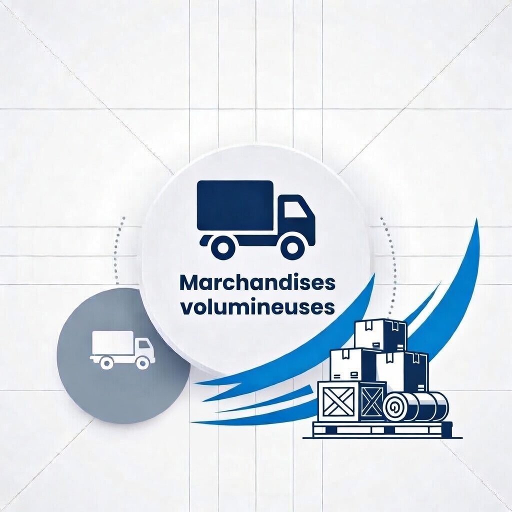 Icône de camion avec texte Marchandises volumineuses et illustration de palette chargée de caisses et rouleaux.