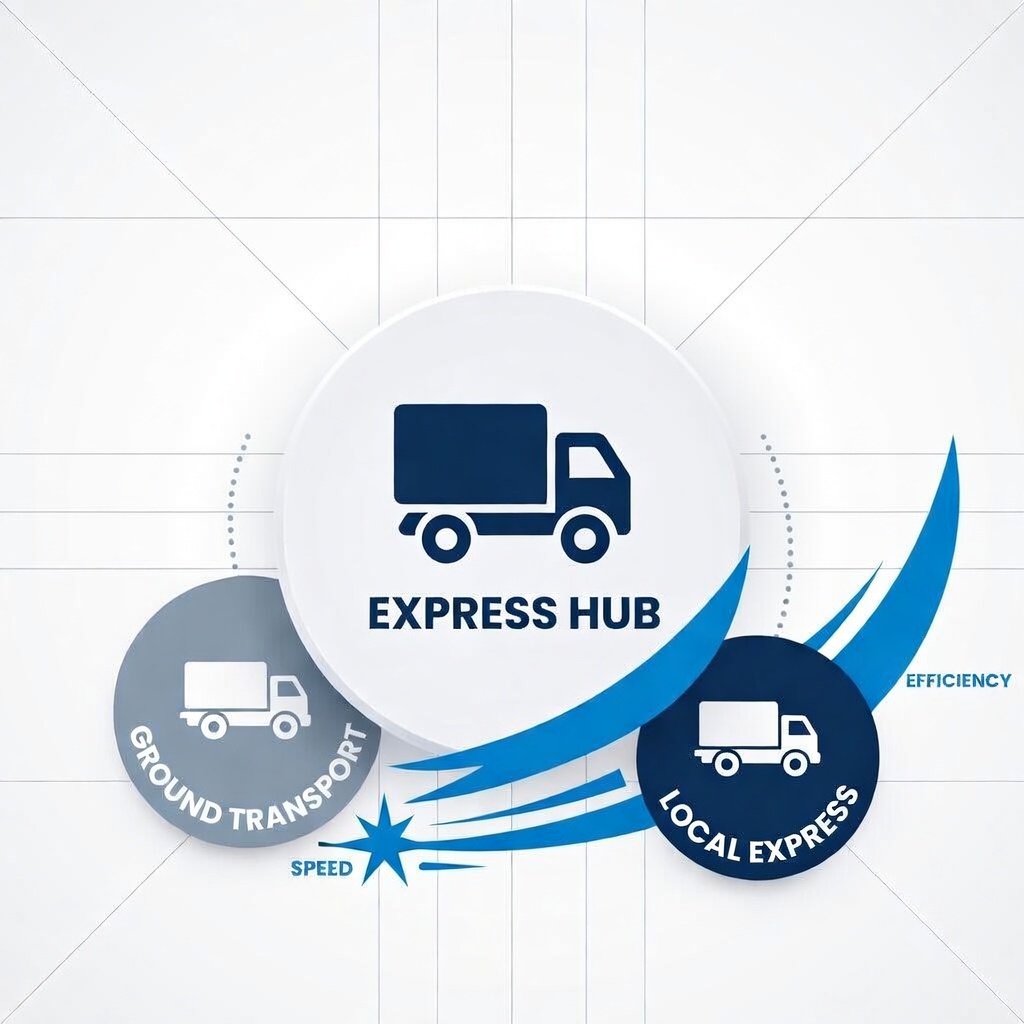 Schéma avec icônes de camions illustrant un hub express reliant transport terrestre et express local avec un accent sur la rapidité et l'efficacité.