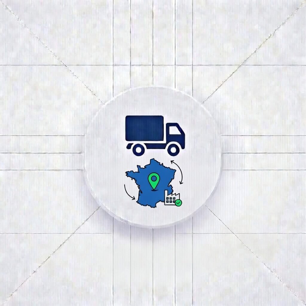 Icônes illustrant la logistique en France avec un camion, une carte de la France avec un point de localisation, et une usine avec un symbole de vérification.