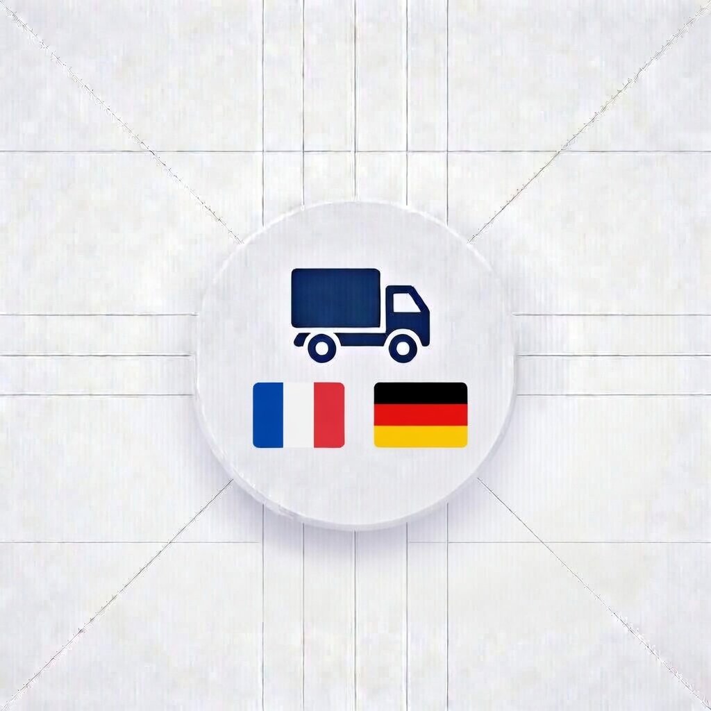 Icône de camion de livraison bleu avec les drapeaux de la France et de l'Allemagne en dessous sur un fond gris clair.