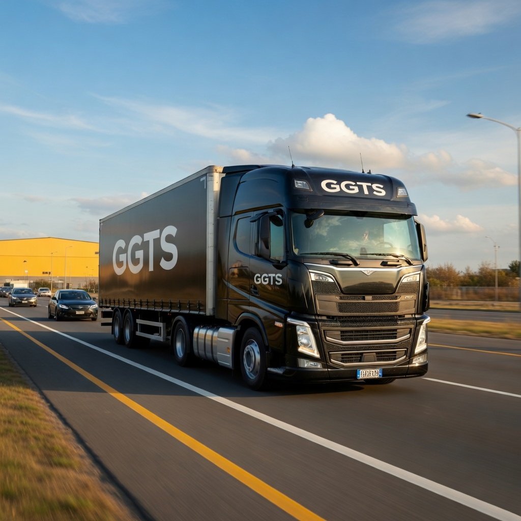 Camion noir avec le logo GGTS en grande taille, roulant sur une autoroute sous un ciel bleu avec quelques nuages.