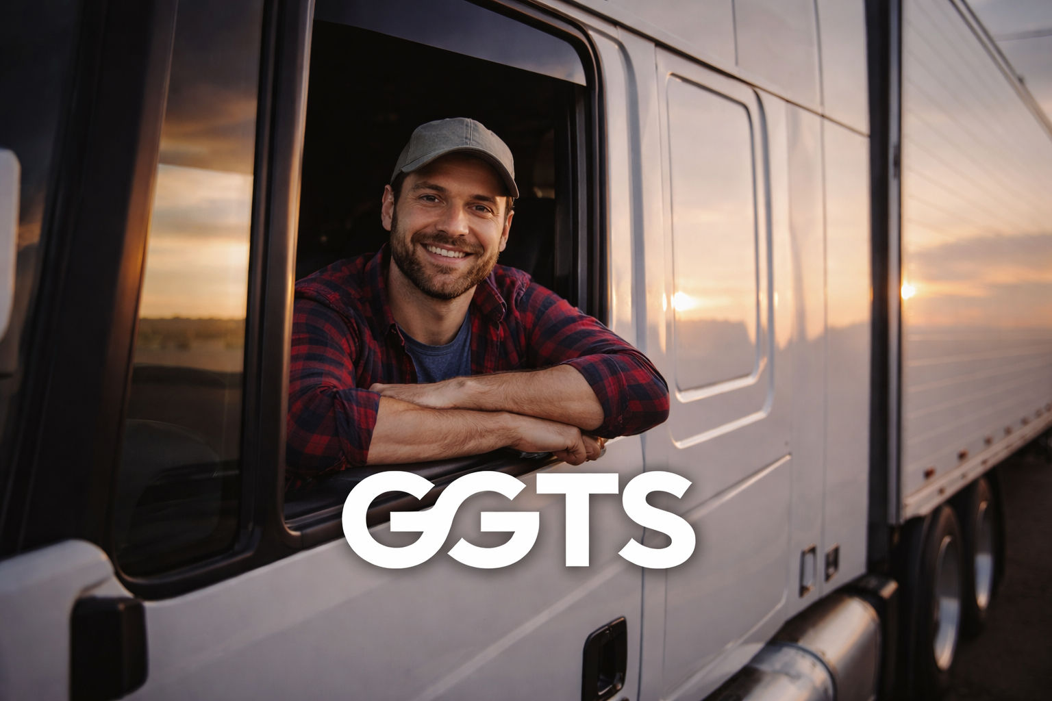 Golden Glob transport Hiring, Un chauffeur souriant portant une casquette, appuyé à la fenêtre d'un camion blanc à l'heure du coucher de soleil.