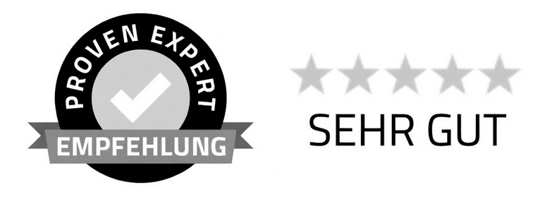 Icône de recommandation d'expert prouvé avec une coche, à côté de cinq étoiles grises et du texte allemand 'SEHR GUT'.