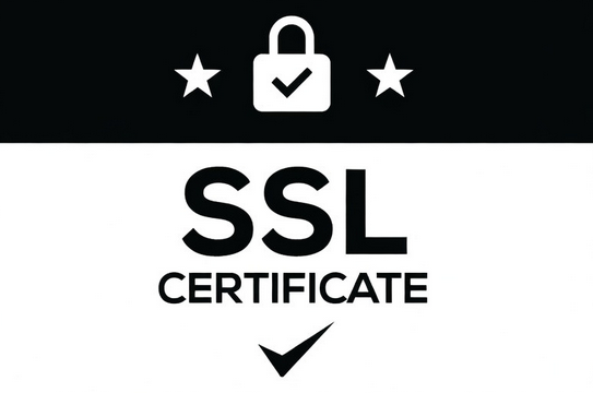 Icône de cadenas avec coche et texte SSL CERTIFICATE entouré d'étoiles.