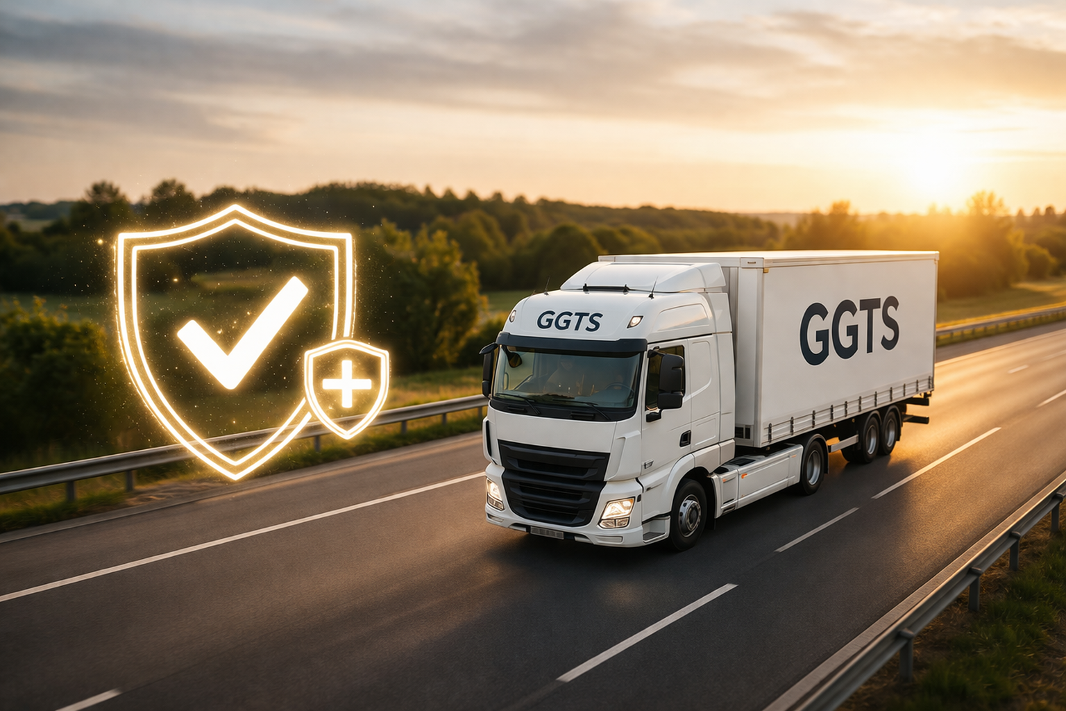 Camion blanc marqué GGTS circulant sur une autoroute au coucher du soleil avec des icônes de bouclier de sécurité à côté.