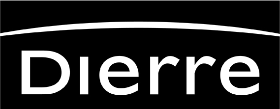 Logo de la marque Dierre sur fond noir avec un trait blanc courbé au-dessus du texte.