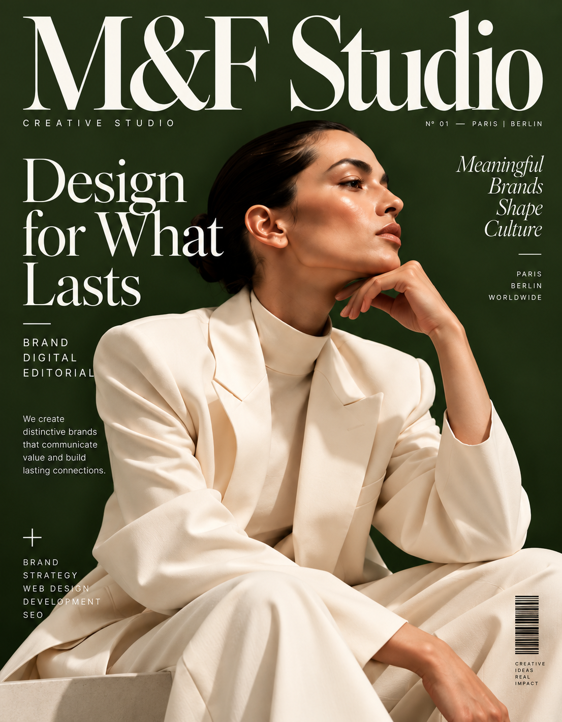 Portrait d'une femme élégante assise, vêtue d'un costume crème à col roulé, réfléchissant avec la main sous le menton sur fond vert foncé, entourée de texte sur un studio créatif nommé M&F Studio spécialisé en design de marque, digital, éditorial, stratégie de marque, web design, développement et SEO à Paris, Berlin et dans le monde.