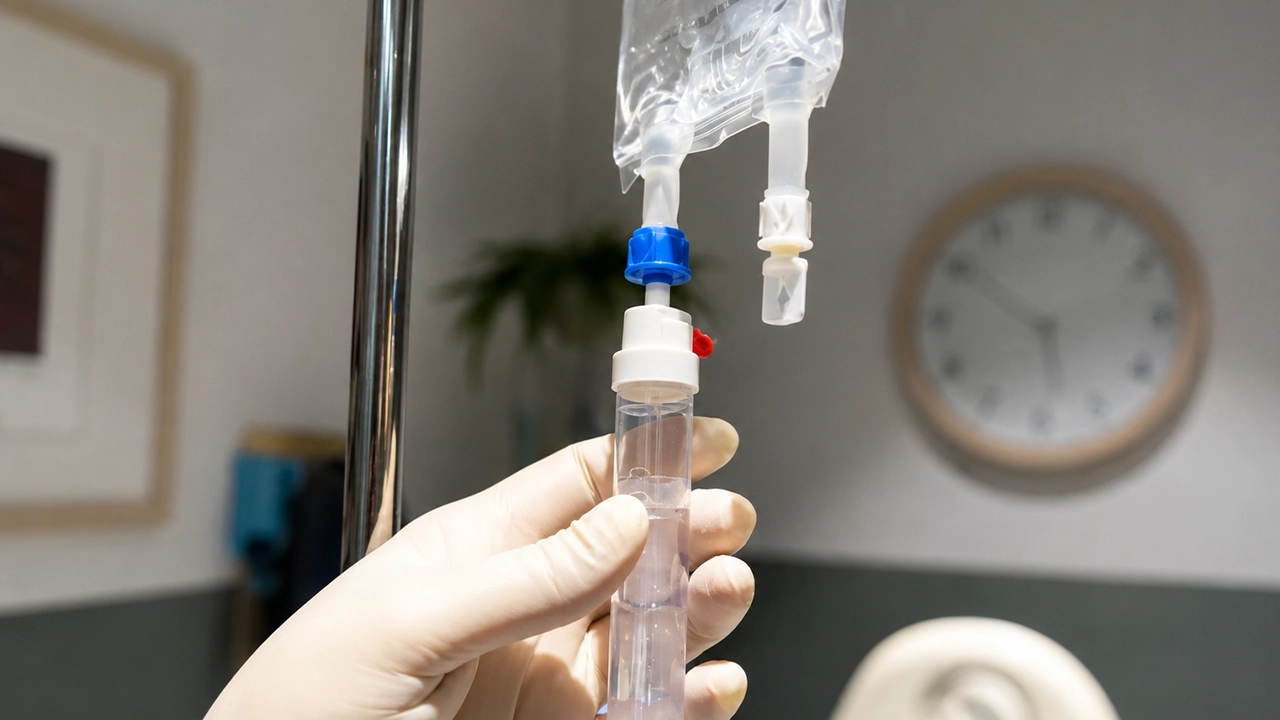 A gloved medical hand carefully adjusts a clear IV drip chamber connected to a fluid bag in a clinical hospital setting.