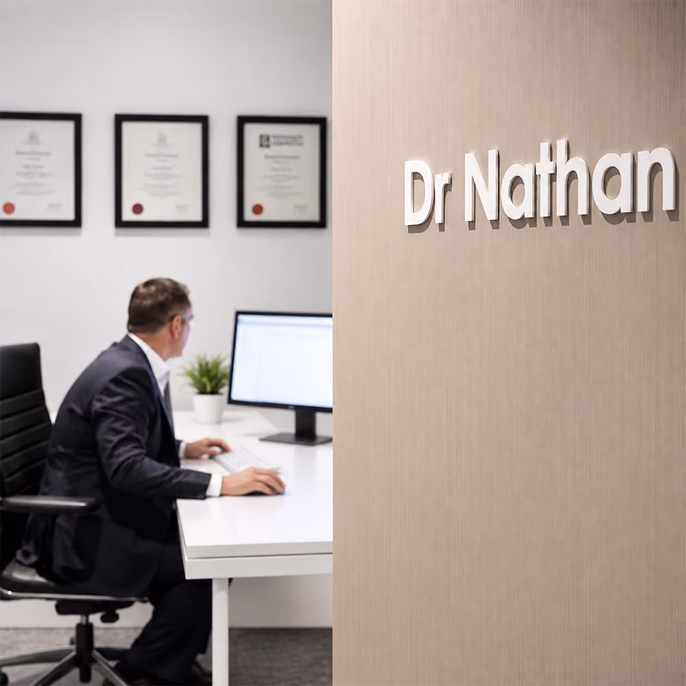 A sign for Dr Nathan Connelly on a wood-textured wall, with the doctor working at a computer blurred in the background.