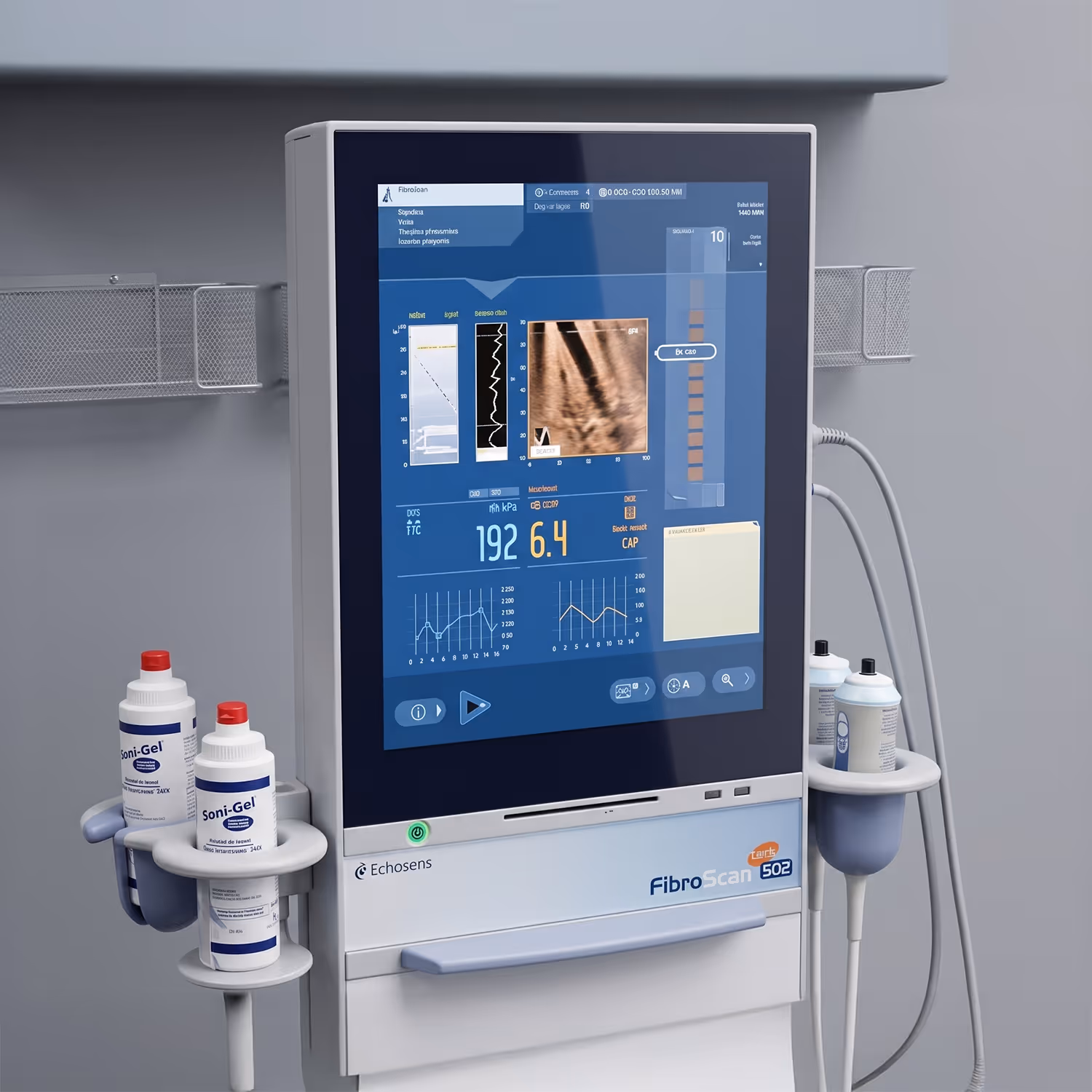 A FibroScan medical device featuring a vertical touchscreen display and holders for ultrasound gel and scanning probes.