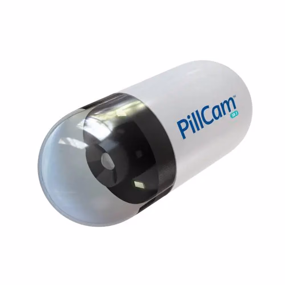 Close-up of a PillCam capsule used during capsule endoscopy to capture images of the digestive tract.