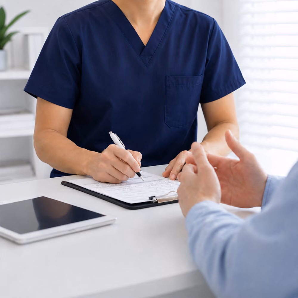 Healthcare professional in navy scrubs providing additional assessment and discussing treatment options with a patient while taking notes during a consultation.