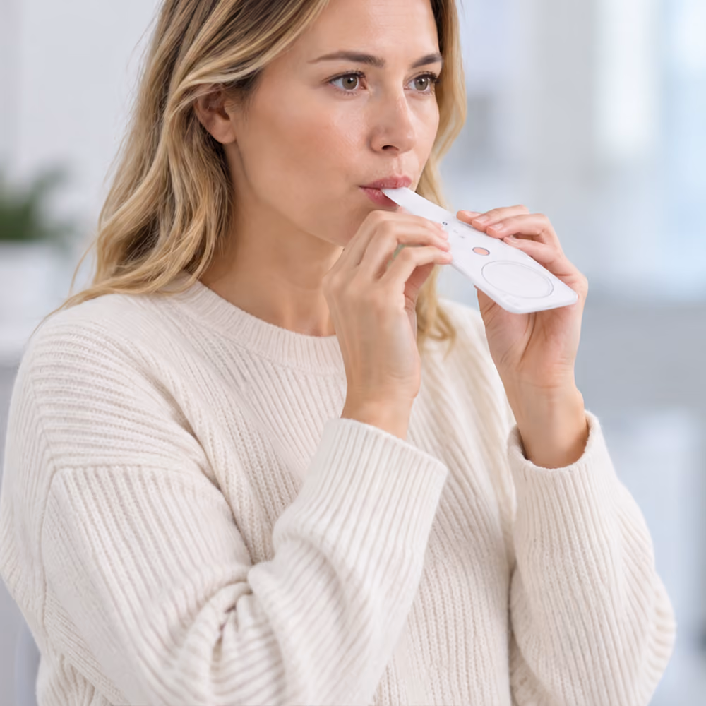 Person blowing into a breath test device during a Helicobacter pylori breath test to check for a stomach infection.