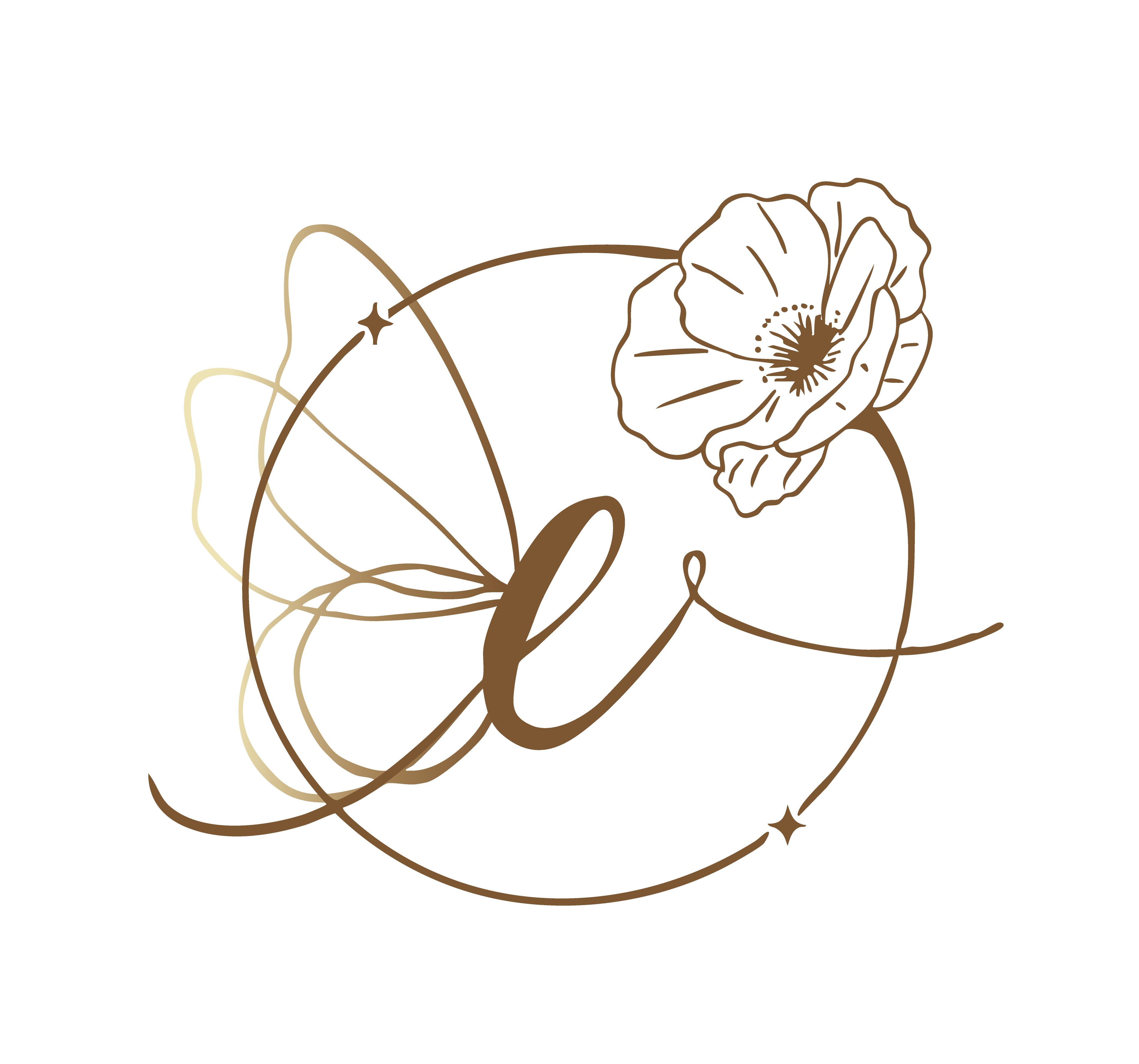 E with circle, poppy flower and butterfly wings all in a gold gradient