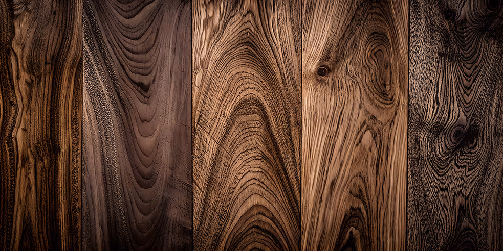 Close-up view of five vertical wooden planks with distinct dark grain patterns and textures.