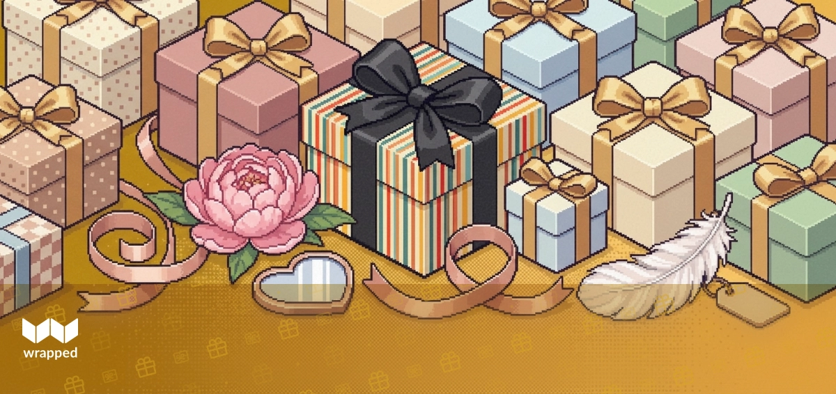 A wrapped beauty gift box with a handwritten note tucked under the ribbon on a soft pastel background