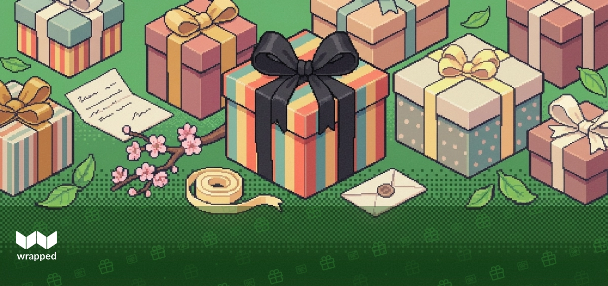 A handwritten gift note with warm caring words tucked into spring gift wrapping paper