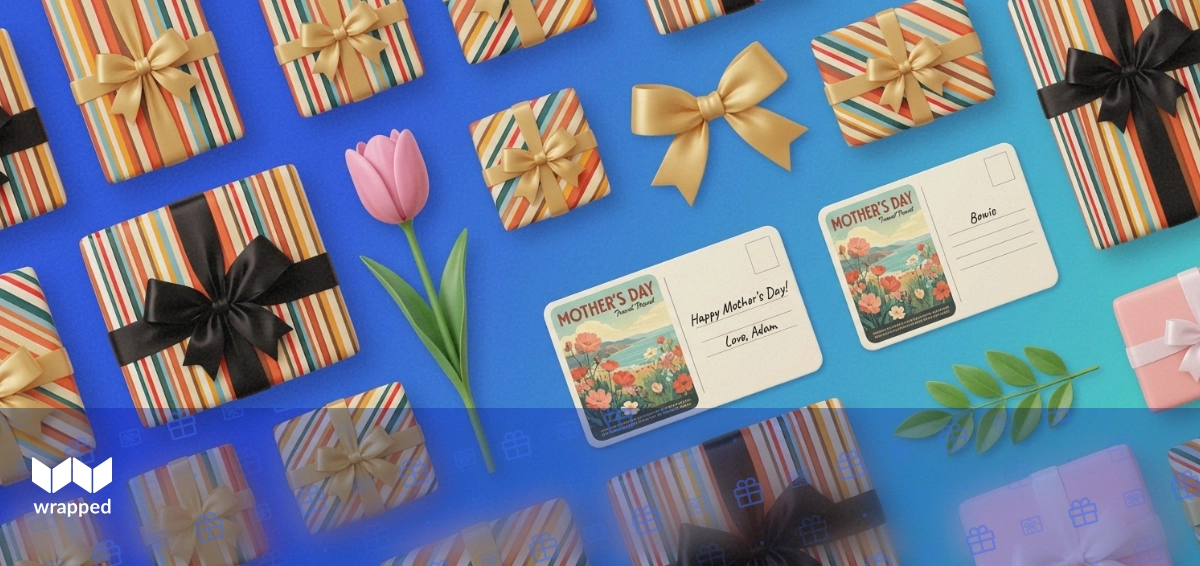 Spring flowers and wrapped gifts on a table suggesting the transition from Easter to Mother's Day gifting season