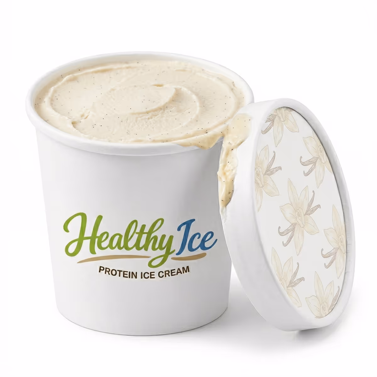 Open container of Healthy Ice protein ice cream with vanilla flower design on the lid and creamy vanilla ice cream inside.