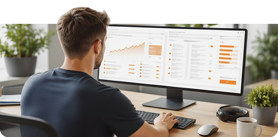 Man sitting at a desk working on a computer with a large ultrawide monitor displaying graphs and data analytics dashboard.