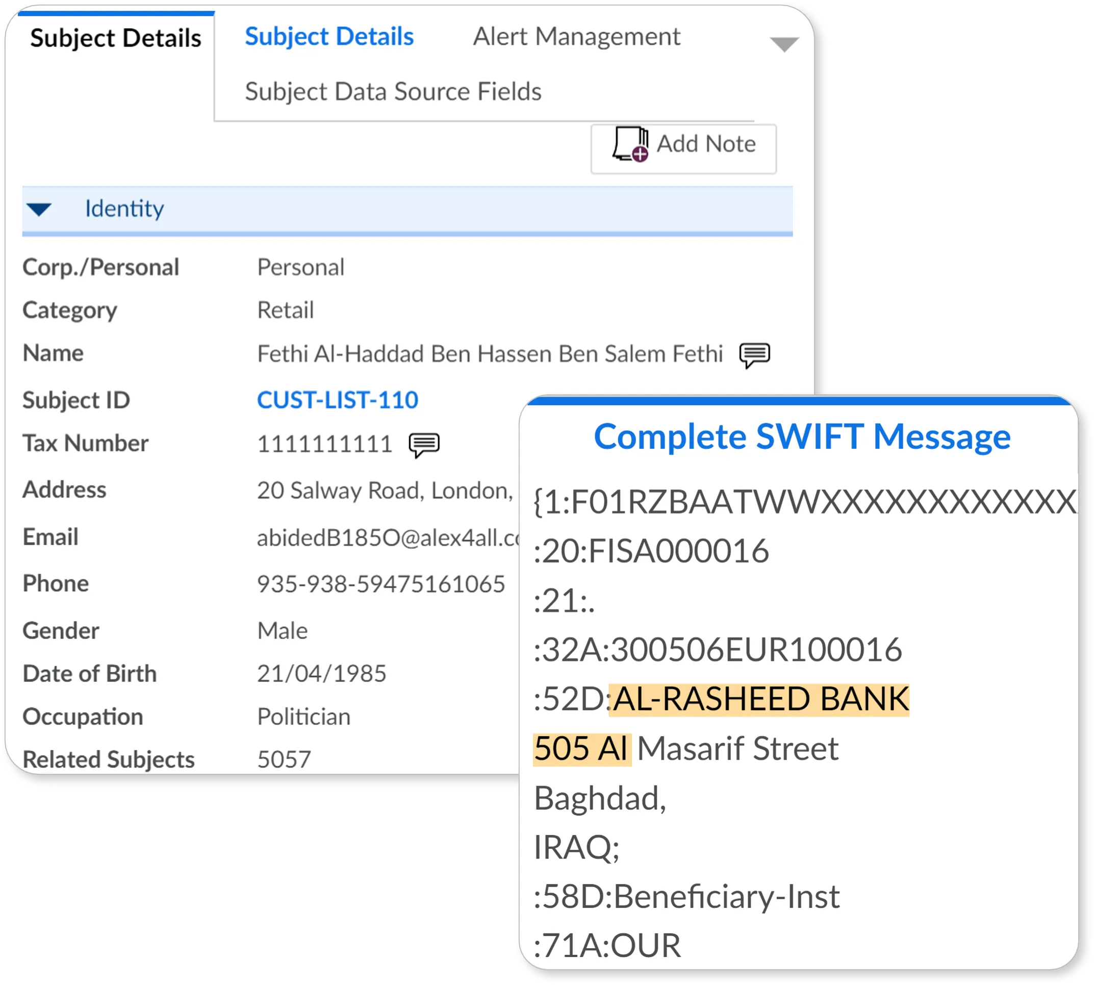 User interface showing subject details with personal information including name Fethi Al-Haddad Ben Hassen Ben Salem Fethi, category Retail, subject ID CUST-LIST-110, tax number, address 20 Salway Road London, email, phone, gender Male, birth date 21/04/1985, occupation Politician, and related subjects 5057, alongside a partial SWIFT message highlighting AL-RASHEED BANK and address 505 Al Masarif Street Baghdad IRAQ.